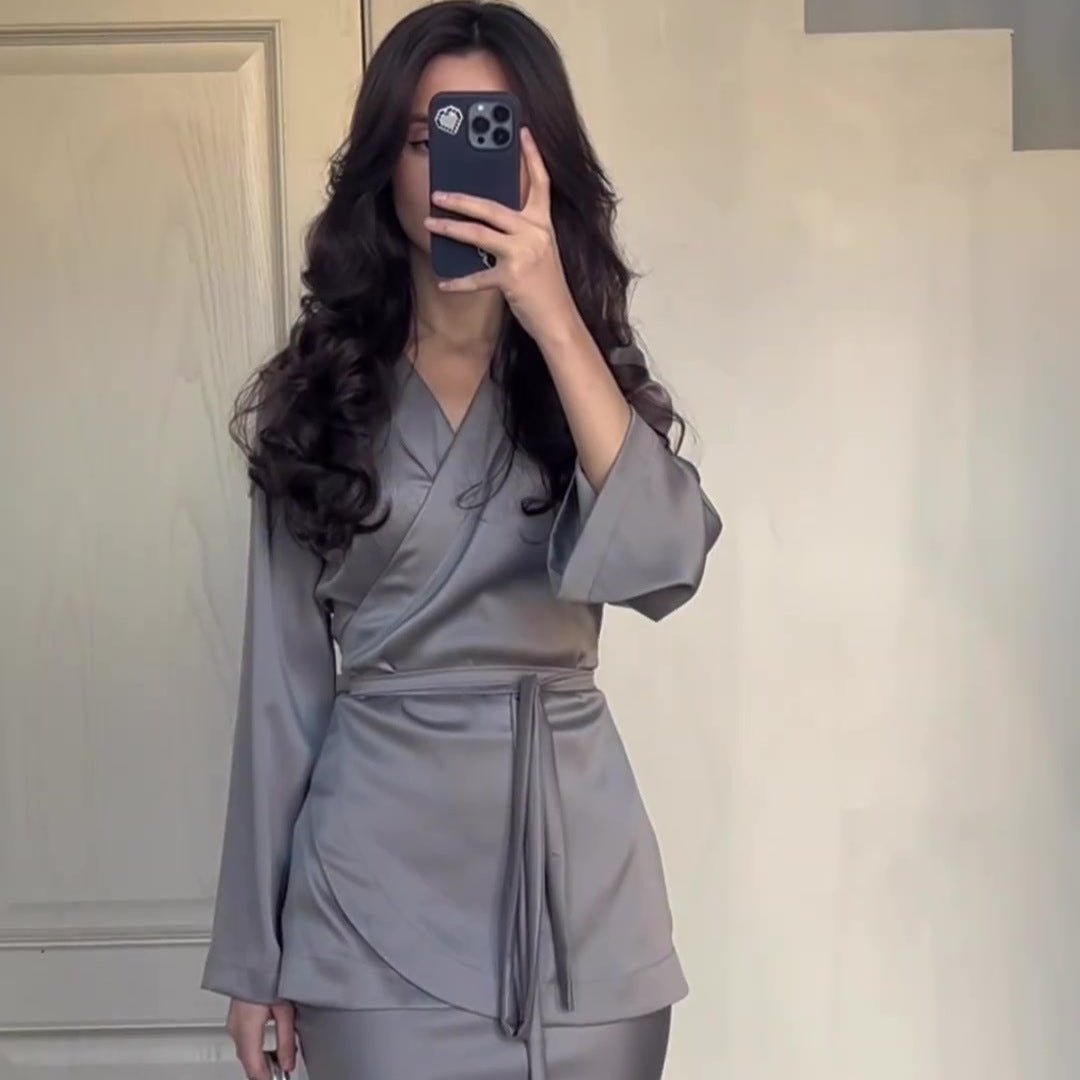 European and American Amazon cross-border foreign trade 2024 spring new satin patchwork receiving waist design sense long skirt suit women