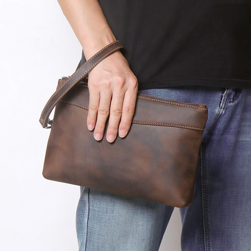 Men's clutch bag vintage Crazy Horse leather hand grip bag top layer cowhide large capacity wallet handbag cross-border source