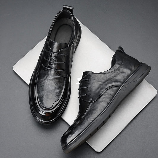 Men's shoes are covered with cowhide in spring, new men's business casual leather shoes, high-end leather men's platform single shoes