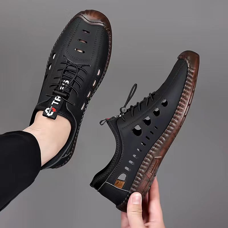 2025 New Sandals Men's Summer Casual Hollow Breathable Leather Shoes Non-slip Soft Sole Casual Versatile Comfortable and Versatile