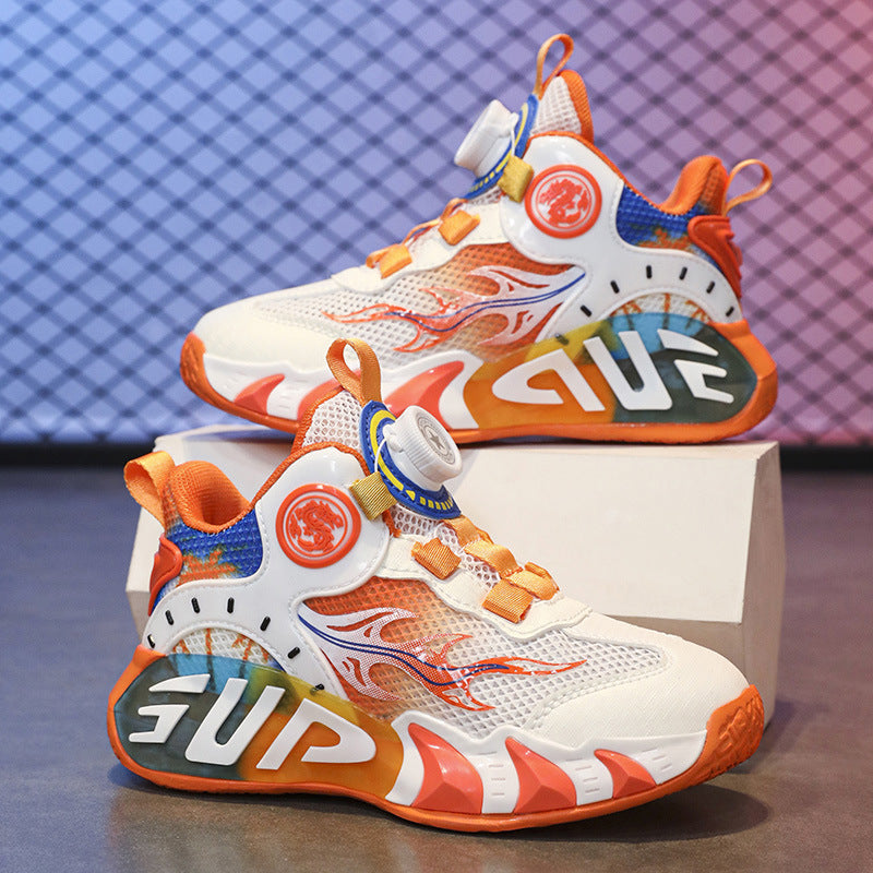 Summer new children's shoes, mesh breathable children's sports shoes, lightweight soft sole rotating buckle boys' and girls' basketball shoes, frame shoes