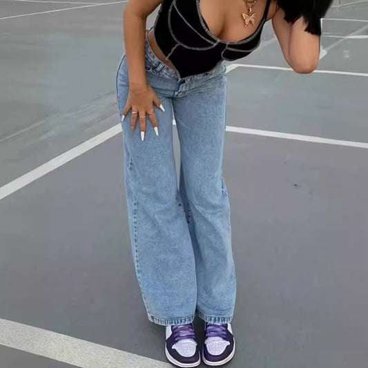 2024 summer amazon new women's high-waisted wide-leg jeans women's loose European and American cross-border foreign trade blue tide