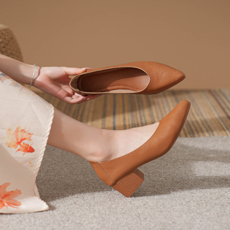 Moccasined granny shoes thick heel pointed toe single shoes women's middle heel 2024 new spring and autumn versatile soft leather pumps high heels