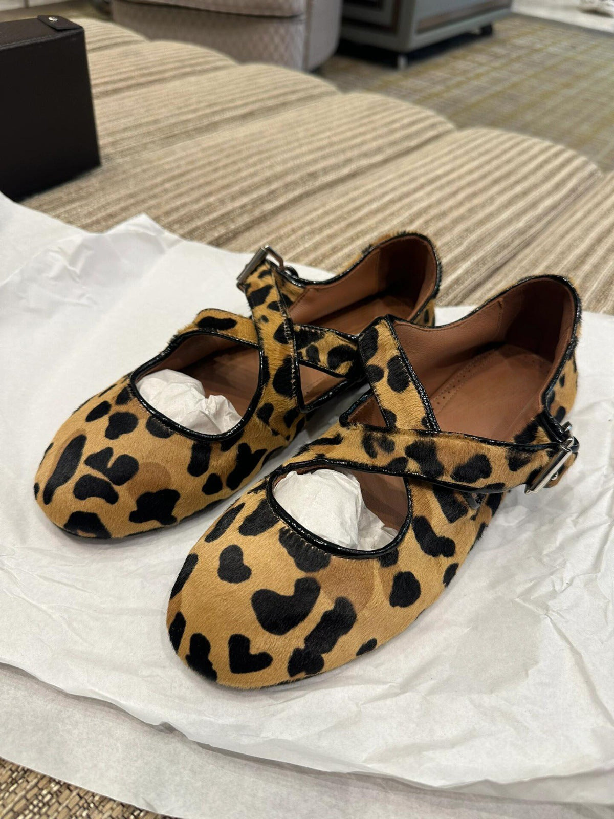 Sheepskin version ~ Korean version of the niche leopard print horsehair soft ballet grandma Mary Jane shoes pumps women's flat sole