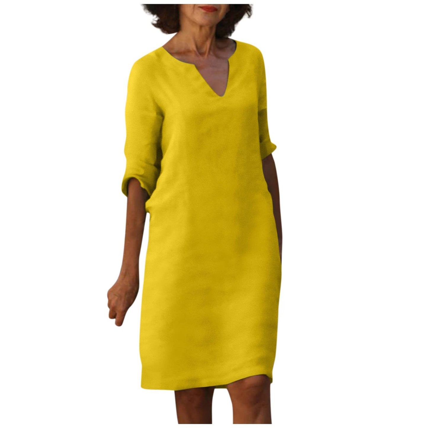Amazon European and American cotton and linen V-neck stitching retro high-waisted solid color three-quarter sleeve dress cotton and linen wash crinkled fabric