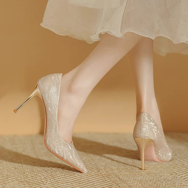 Factory direct sales single shoes women's 2024 new French gold wedding shoes two wear not tiring feet women's high heels super high heels