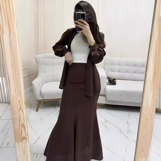 2024 cross-border foreign trade new women's fashion suit, solid color linen cotton fabric lapel top, long skirt