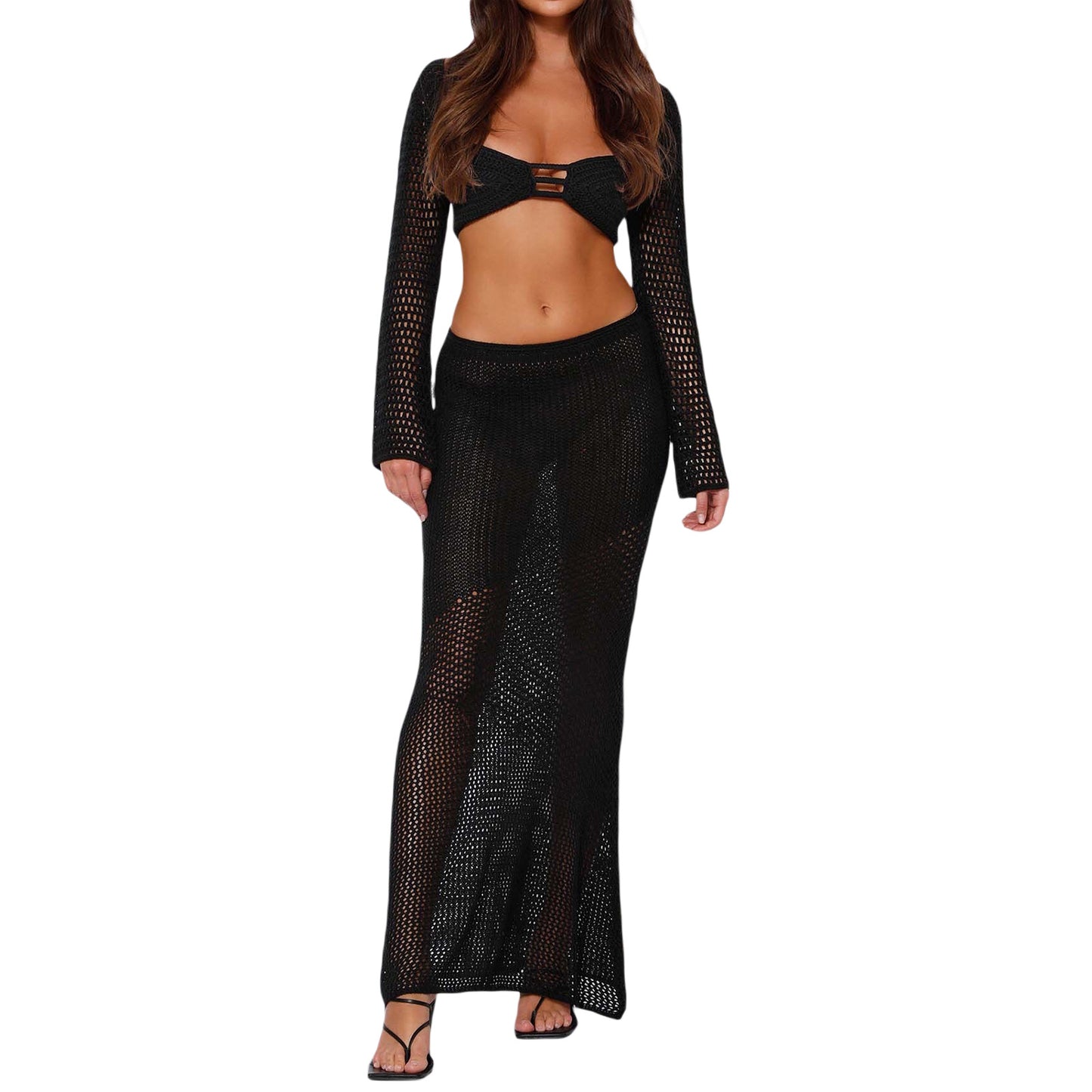 European and American cross-border summer 2024 women's new tethered long-sleeved hip casual knitted long skirt set