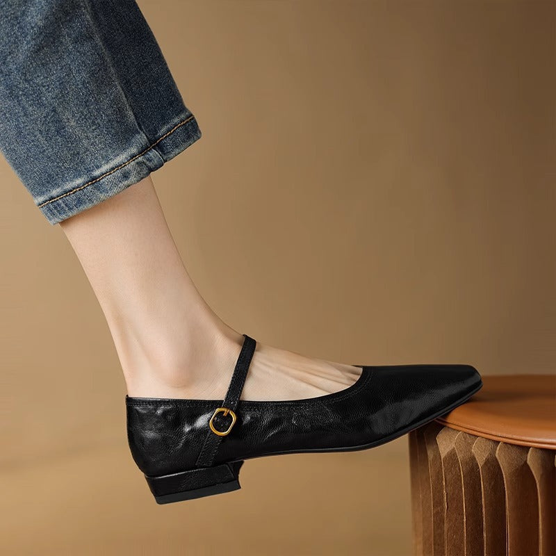 Soft sheepskin black high heels 2025 spring and autumn new French retro block heel strap Mary Jane women's singles