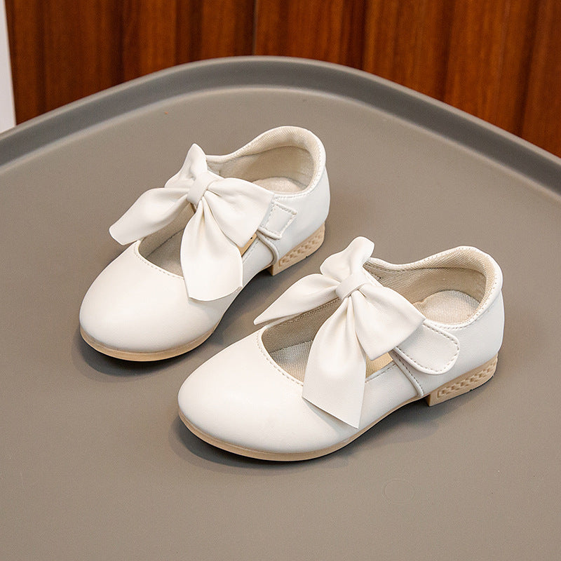 Foreign trade children's shoes 2026 spring and autumn girls' leather shoes, white shoes, bows, medium and large children's small high heels, princess shoes