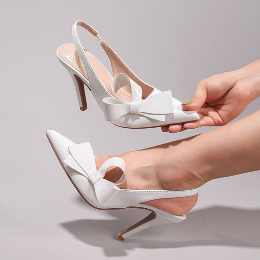 Bow high heel sandals shiny PU elegant sexy pointed toe after wedding banquet strap sandals for women crossing Europe and the United States