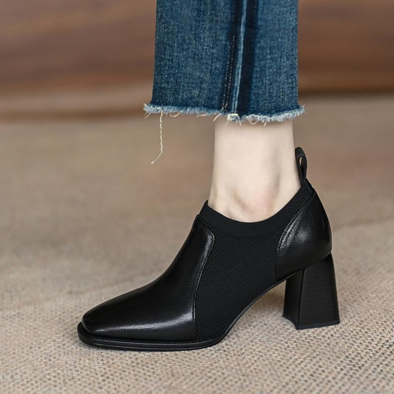 2024 new thick-heeled high heels women's spring and autumn nude boots, brown knitted deep shoes, British-style leather shoes