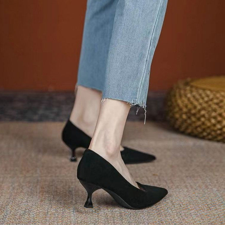 Black suede high heels, women's etiquette, professional single shoes, thin heel temperament, shallow mouth, versatile work shoes, 2025 new shoes