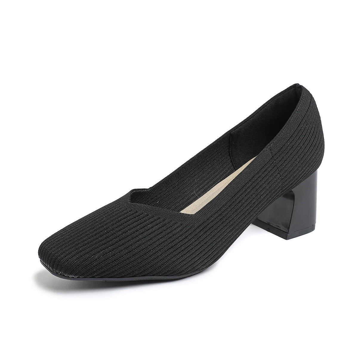 Japanese princess single shoes, women's square toe, thick heels, flying knitted shoes, comfortable and breathable, commuter high heels, breathable and versatile style