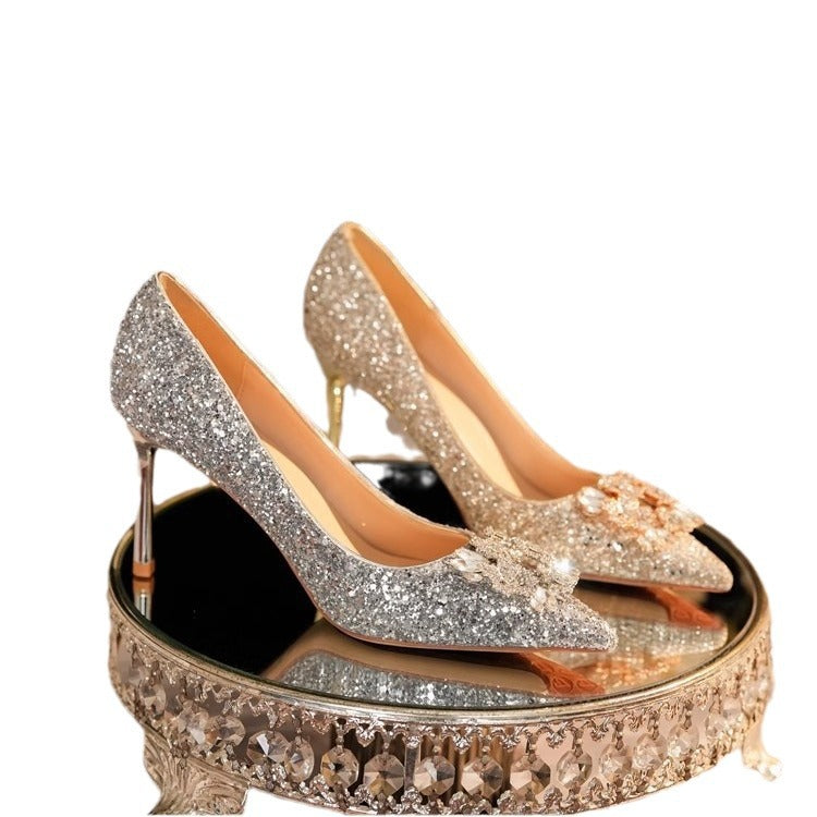 Wedding shoes Xiuhe wedding dress two wear crystal slippers bridal shoes women's champagne heels are not tired feet rhinestone 2024 new