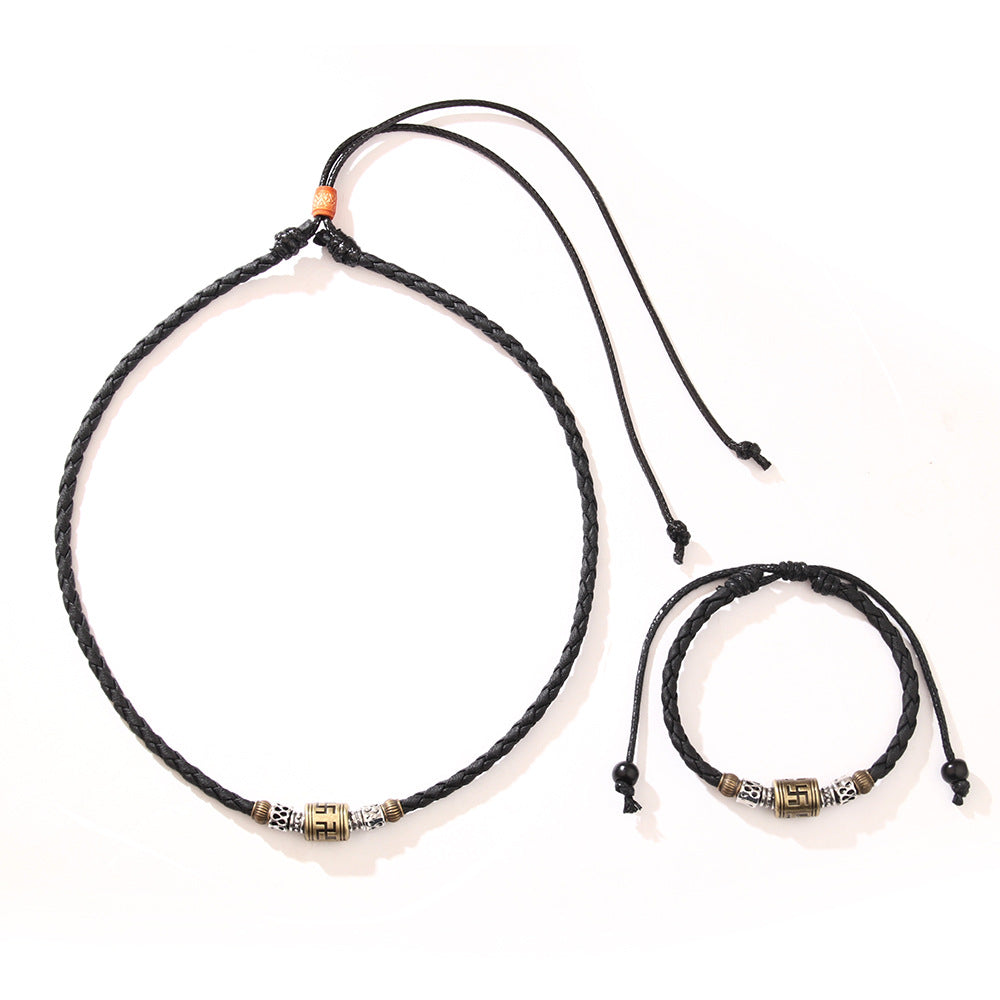 Swastika totem Tibetan vintage necklace European and American cross-border metal pendant woven wax rope adjustable necklace jewelry men