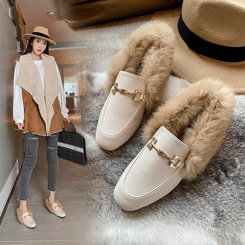 Wool shoes women's winter wear 2025 new autumn and winter flat heel plush bean shoes rabbit fur single shoes women's shoe trend