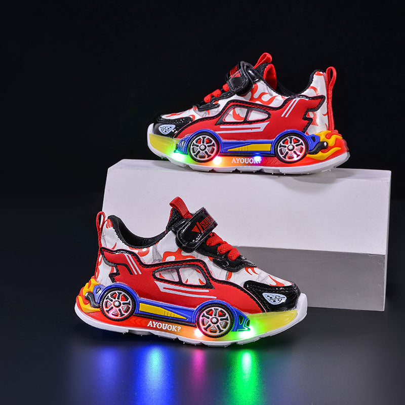 Luminous sneakers 2025 spring and autumn new cartoon car children's casual shoes for little boys leather light shoes