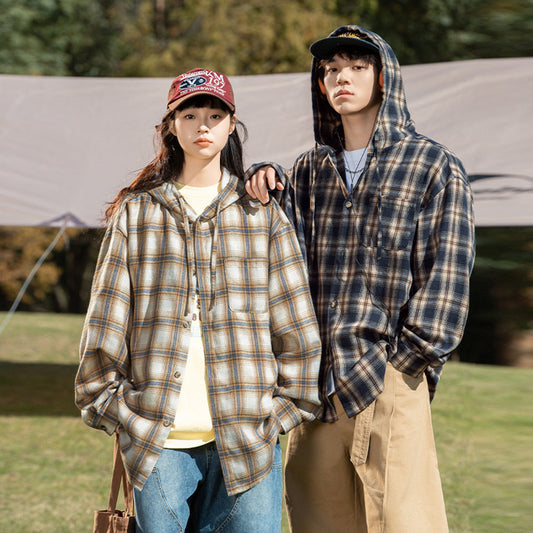 American Check Shirt Men's Spring Summer 2025 Couple Vintage Long Sleeve Shirt Contrast Hooded Drawstring Design Jacket