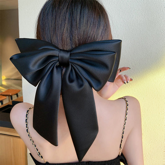 Satin big bow headdress, spring clip, high-quality black back of the head hairpin, hair ornament, hipster girl