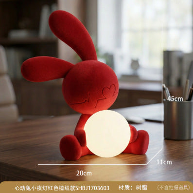 Red flocked cute rabbit night light resin desktop ornament bedroom decoration creative animal shape