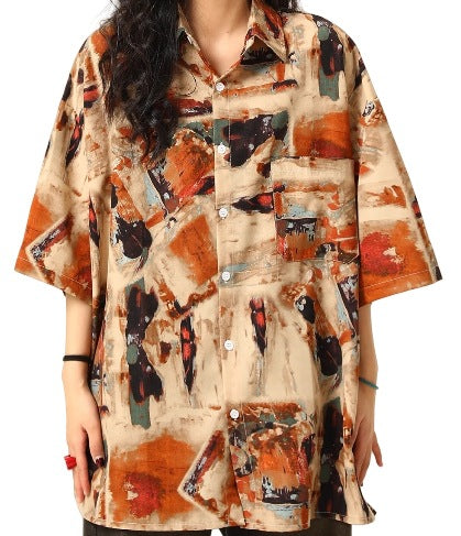 Hong Kong style retro baroque short-sleeved floral shirt summer American style unique oil painting style loose Cuban collar shirt hip girl