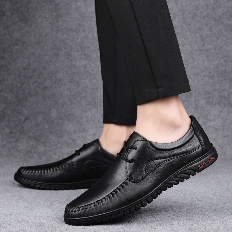 2025 men's spring and summer leather shoes, breathable for work, cowhide soft leather soft soles, casual hole leather shoes, middle-aged business shoes