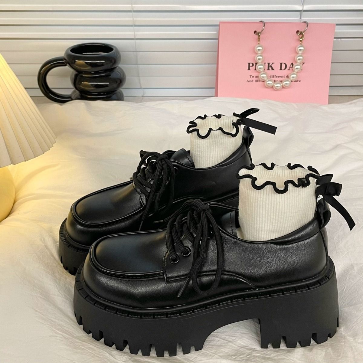 Lace-up heightened platform leather shoes 2025 new style versatile retro British JK loafer single shoes British style small leather shoes