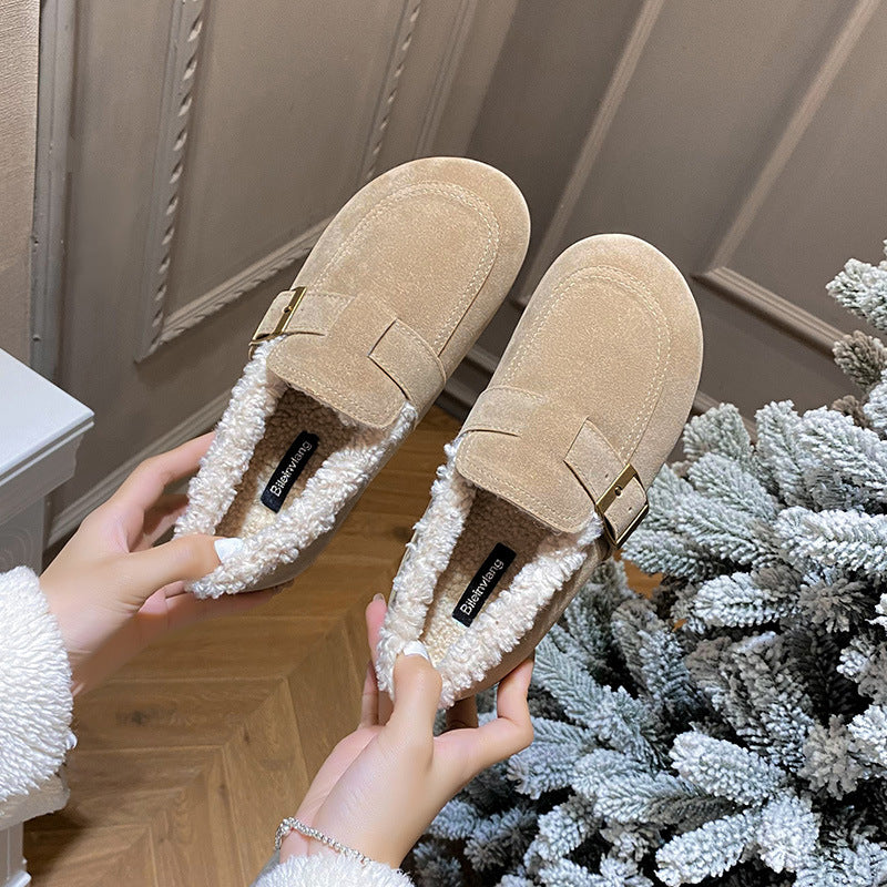 Birkenstock women's 2023 new autumn and winter maternity shoes one-foot pedal women's shoes plus fleece bean soft-soled Birkenstock shoes are all-inclusive