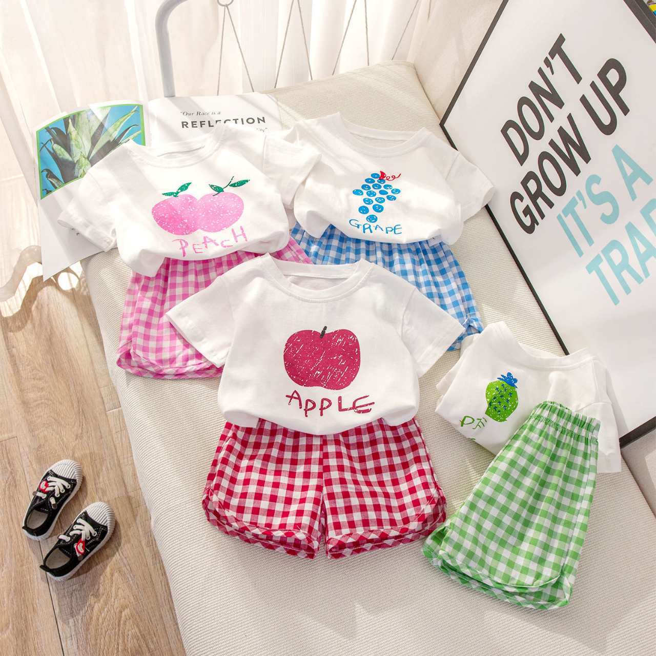 2025 summer new baby girls short sleeve shorts set apple, peach, pineapple, grape small fresh children's clothes