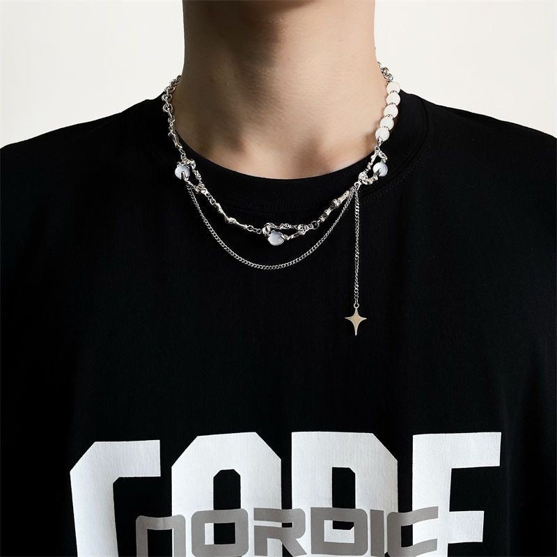 Niche design, high-quality opal, beaded splicing, tassels, four-pointed star necklace, women's light luxury, men's clavicle chain