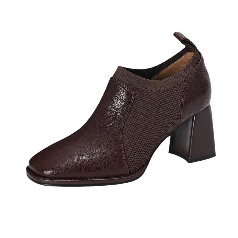 2024 new thick-heeled high heels women's spring and autumn nude boots, brown knitted deep shoes, British-style leather shoes
