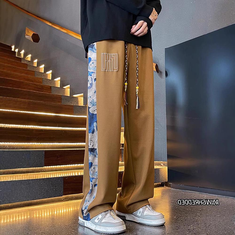 Cross-border new loose casual pants men's trend versatile pants autumn new pendant velvet mopping trousers apricot color