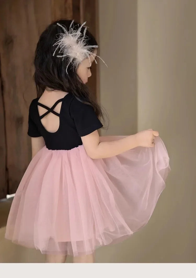 Girls short sleeve backless dress 2024 summer new baby foreign mesh tutu little girl princess dress