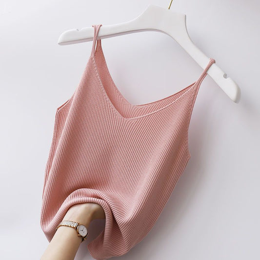 Large size camisole women's bottoming v-neck ice silk sexy short ribbed knitted all-match Hyun Ya wind top