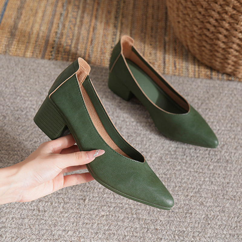 Moccasined granny shoes thick heel pointed toe single shoes women's middle heel 2024 new spring and autumn versatile soft leather pumps high heels