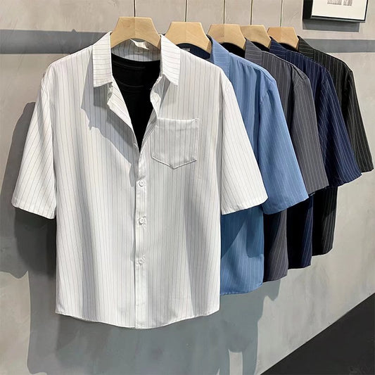Summer new Korean version striped mid-sleeve pocket shirt men's light luxury fashion trend simple casual five-quarter sleeve lining