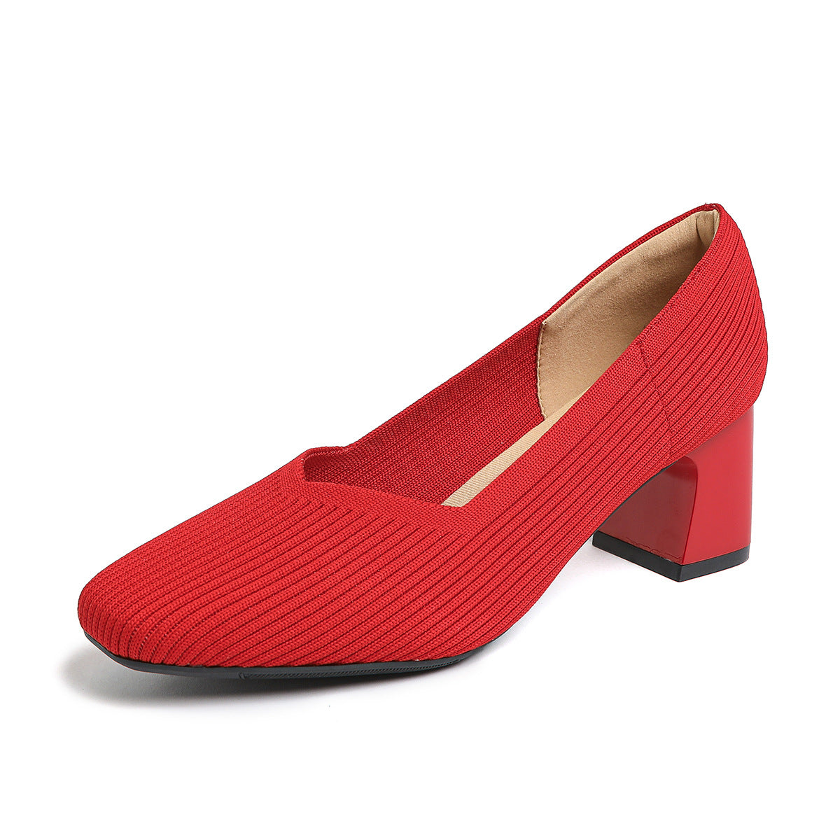 Japanese princess single shoes, women's square toe, thick heels, flying knitted shoes, comfortable and breathable, commuter high heels, breathable and versatile style