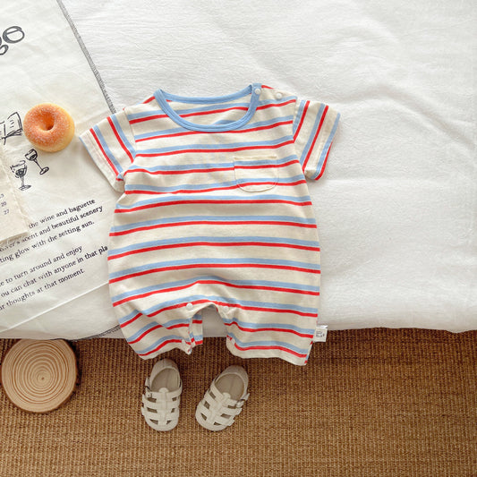 Baby onesies summer thin men and women baby stripes short sleeve crawler clothes Ha clothes newborn clothes cotton summer