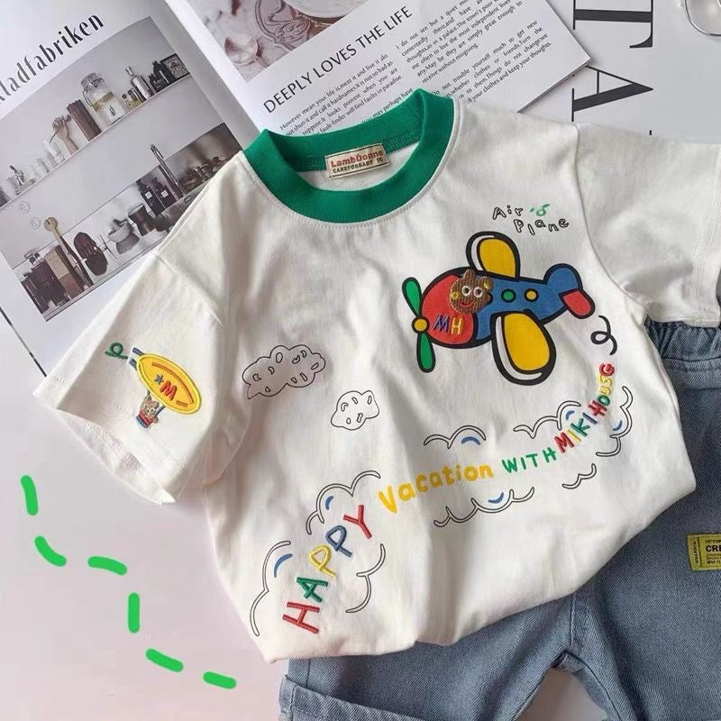 Japanese children's clothing spring and summer new boys short sleeve tops children's baby summer cartoon small airplane half-sleeved t-shirt tide