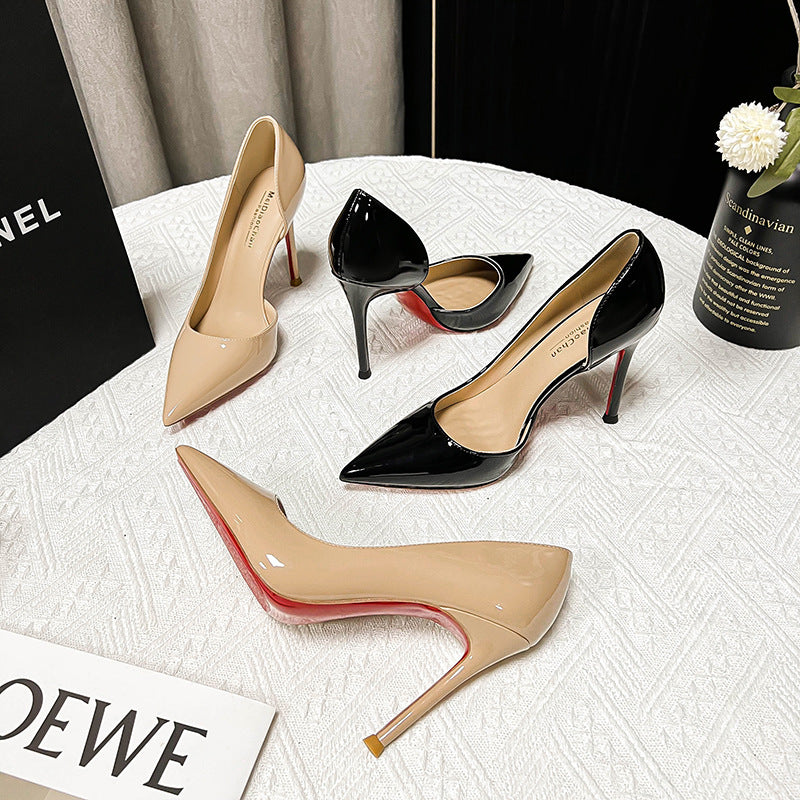 French red sole side hollow pointed high heels women's thin heels autumn and winter shallow sexy temperament, versatile light luxury and high-end sense