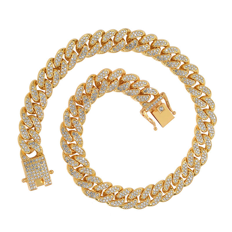 Men's Gold Hip Hop Style Oval Alloy Full Diamond Necklace Men's Jewelry Hip Hop Cuban Chain Tide Men's Jewelry Wholesale