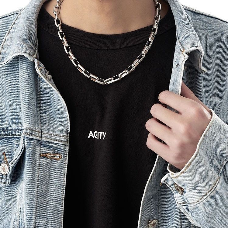 Explosive titanium steel men's handmade Cuban necklace square chain thickened stainless steel chain metal necklace jewelry necklace