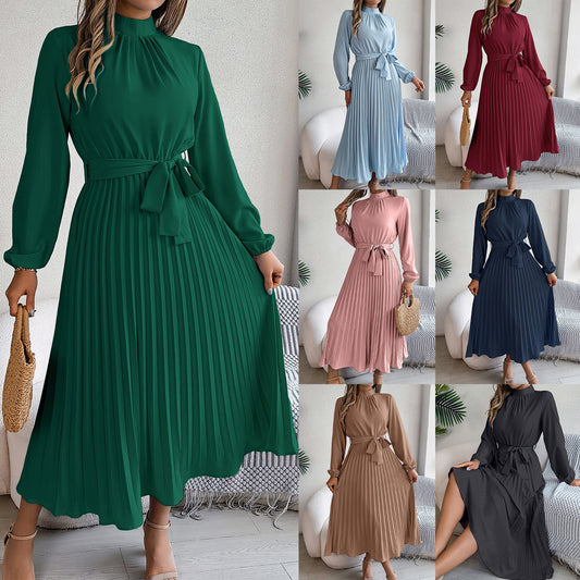 2024 Europe and the United States Fall/Winter Elegant Stand-up Collar Long Sleeve Cinched Waist Pleated Long Skirt Small Dress Amazon Cross-border Women's Wear