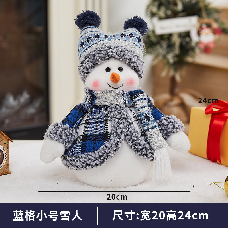 Cross-border Christmas decorations ski snowman doll tabletop doll blue plaid fabric Christmas iron foot snowman ornament