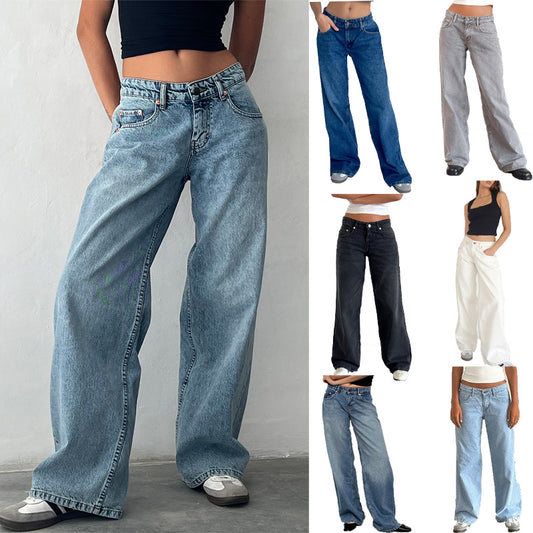American Retro Low Rise Stretch Wash Straight Jeans Women's Autumn New Street Wide-Leg Denim Women's Pants
