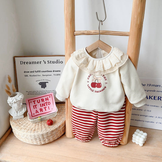 Autumn 2025 New Children's Clothing Infant Lace Collar Sweatshirt Striped Sweatpants Two-Piece Baby Girl Sweet Suit