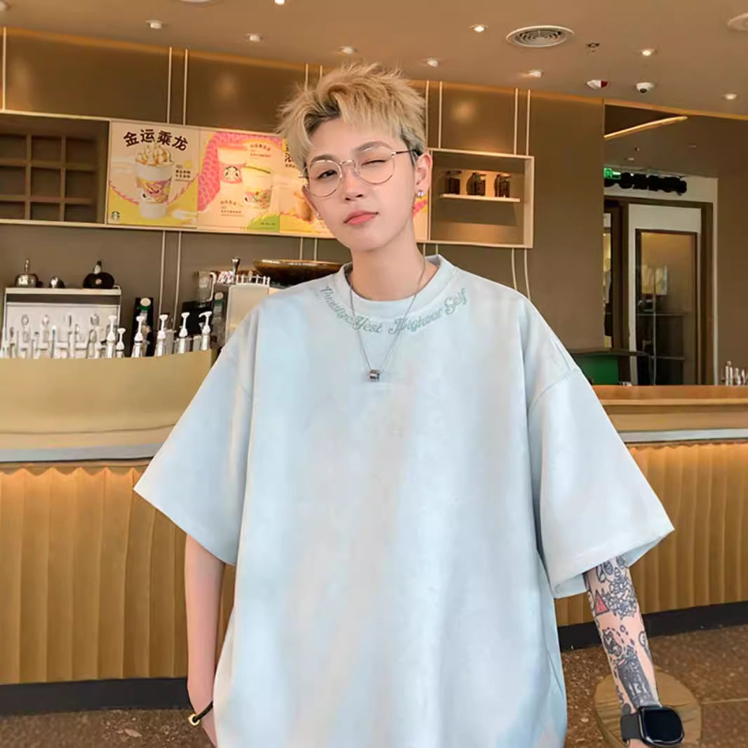 Maillard Suede Short Sleeve T-Shirt Men's Summer 2024 New Trendy Brand Embroidered Handsome Underwear Half-Sleeved Base Shirt