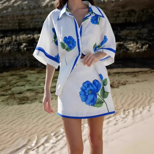 Amazon 2025 Summer New European and American Women's Casual Positioning Print Linen Short Sleeve Shirt Hip Skirt Set