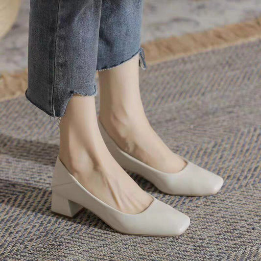 Giant soft! Soft leather French medium heel, shallow square toe, thick heel nude shoes, cheongsam single shoes, work leather shoes, commuter women's shoes